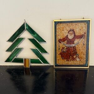 Vintage Stained Glass Christmas Tree and Santa Plaque